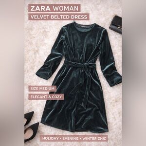 Zara Velvet Belted Dress - Teal